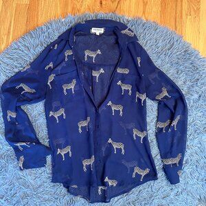 Express Portofino Navy Zebra Print Button Front Shirt Size S